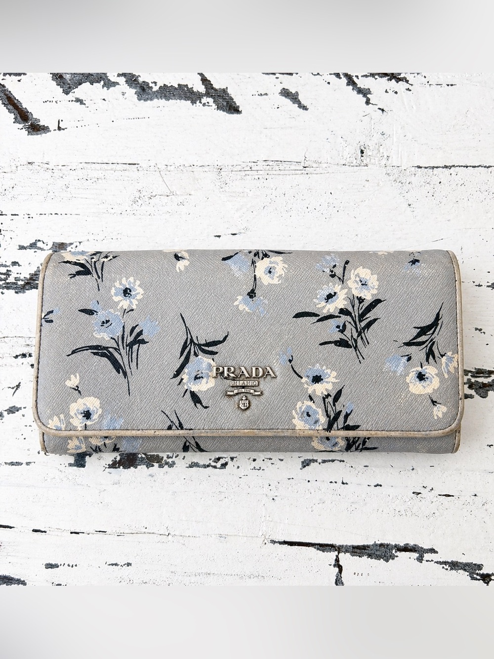 Prada Floral Saffiano Leather Wallet - Light Gray & Cream - Picture 2 of 8